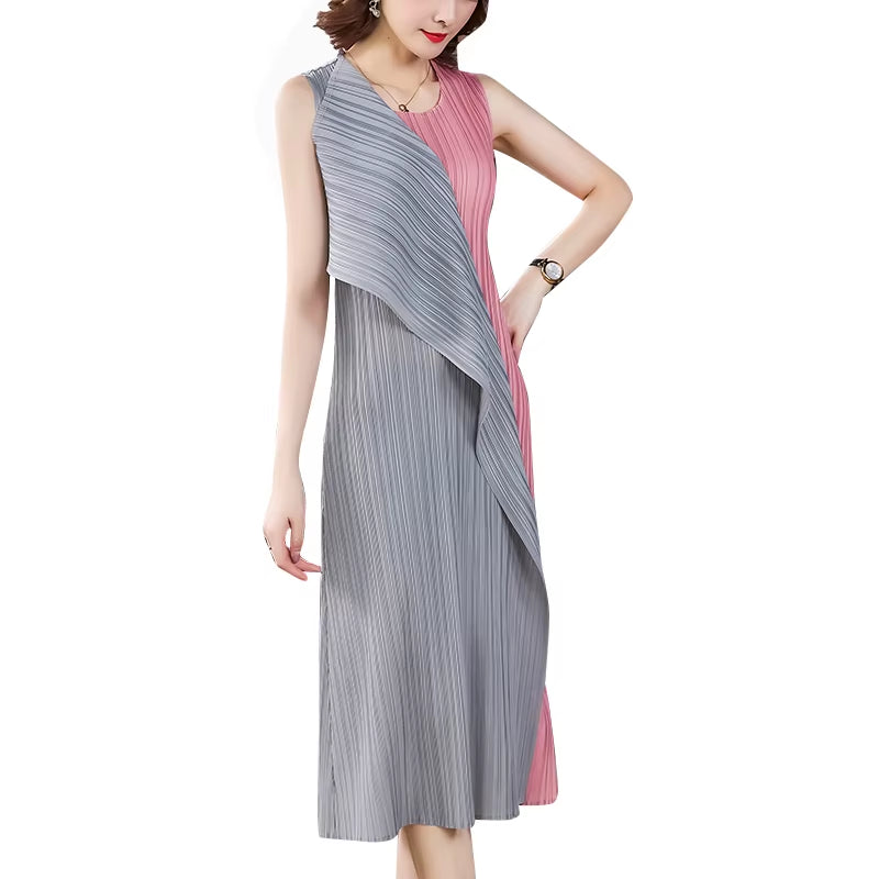 High Quality Miyak Pleated Dress Loose Elegant and Noble Chic Design Dress Comfortable Stitching Contrast Dresses Clothing