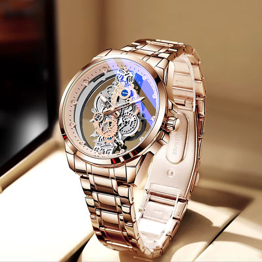 Hot Trendy Fashion Wholesale Men Golden Skeleton Automatic Quartz Wrist Watches Luxury 2024