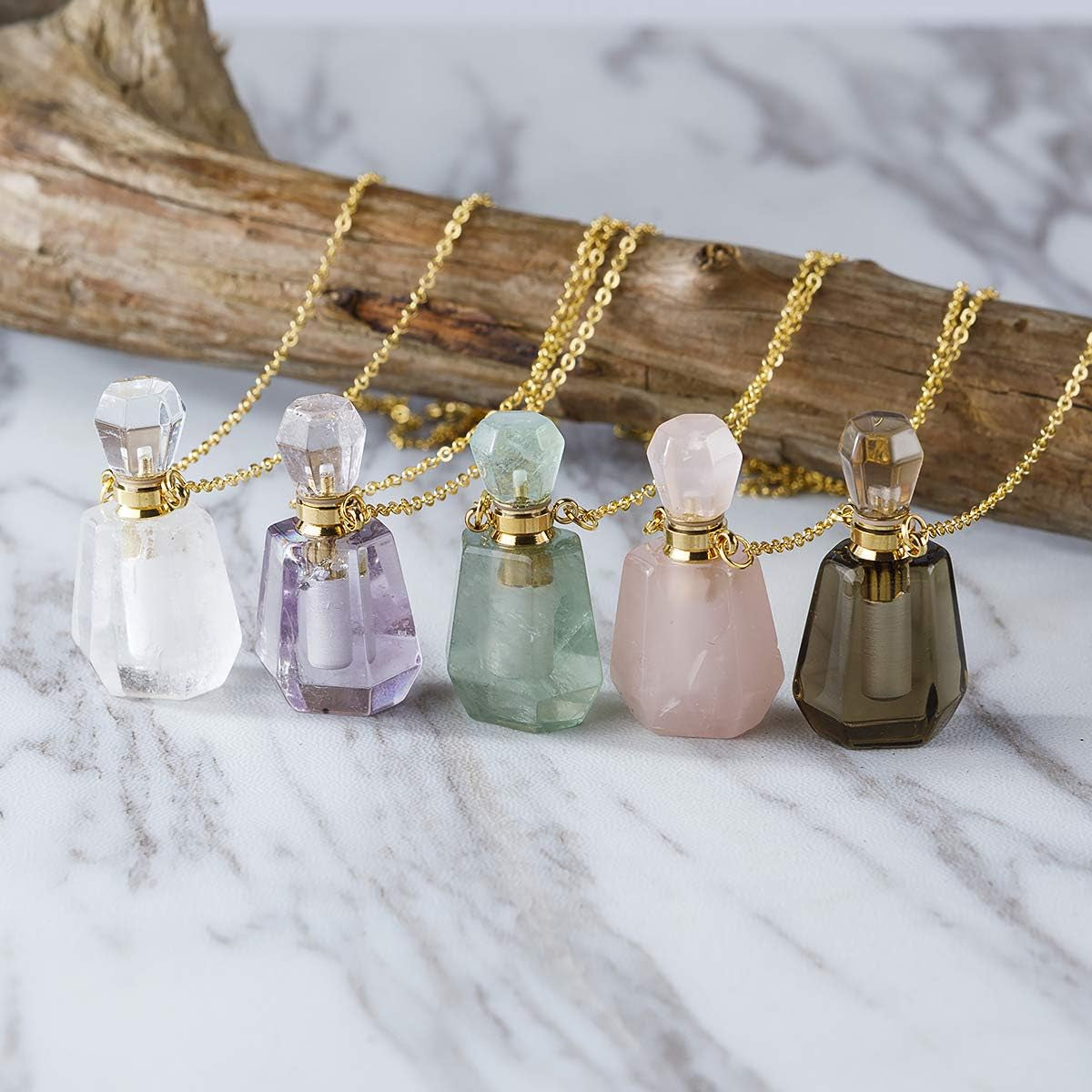 Gemstone Crystal Perfume Bottle Diffuser Necklace - Aromatherapy Essential Oil Travel Locket Pendant Charm Fragrance Carrier Flask Chain