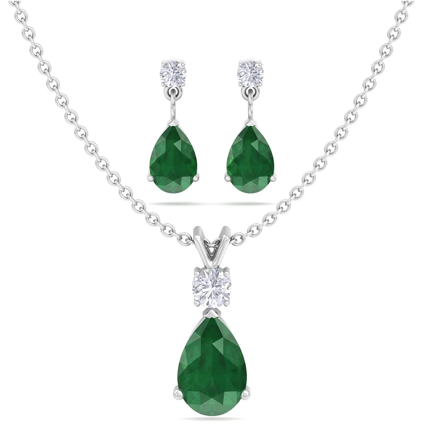 Jewelry Set for Women, Natural Pear Shaped 7X5Mm Opal and 3Mm Created Emerald Pendant Necklace and Matching Pear Shaped Opal and Emerald Stud Earrings