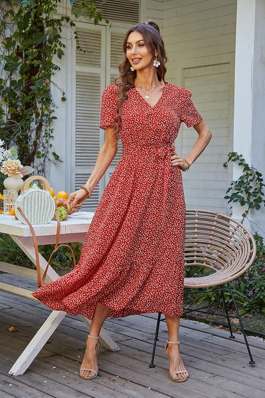 Women'S Summer Floral Boho Maxi Dress Wrap Short Sleeve V Neck Ruffle A-Line Flowy Wedding Guest Long Dresses