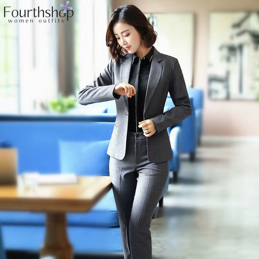 Two Piece Set Women Business Suits Black and Grey Elegant Office Lady Work Formal Pants Suits Female Autumn Winter Clothes 2023
