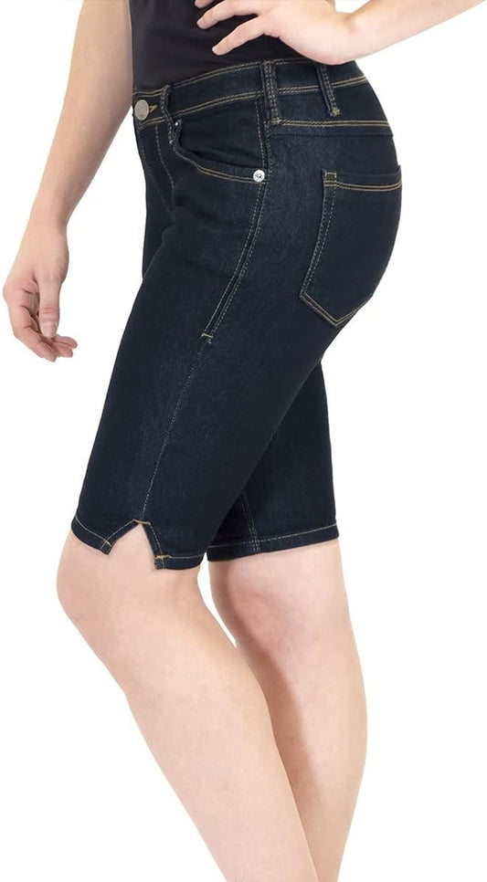 Womens Butt Lifting Mid Rise Denim Bermuda Shorts