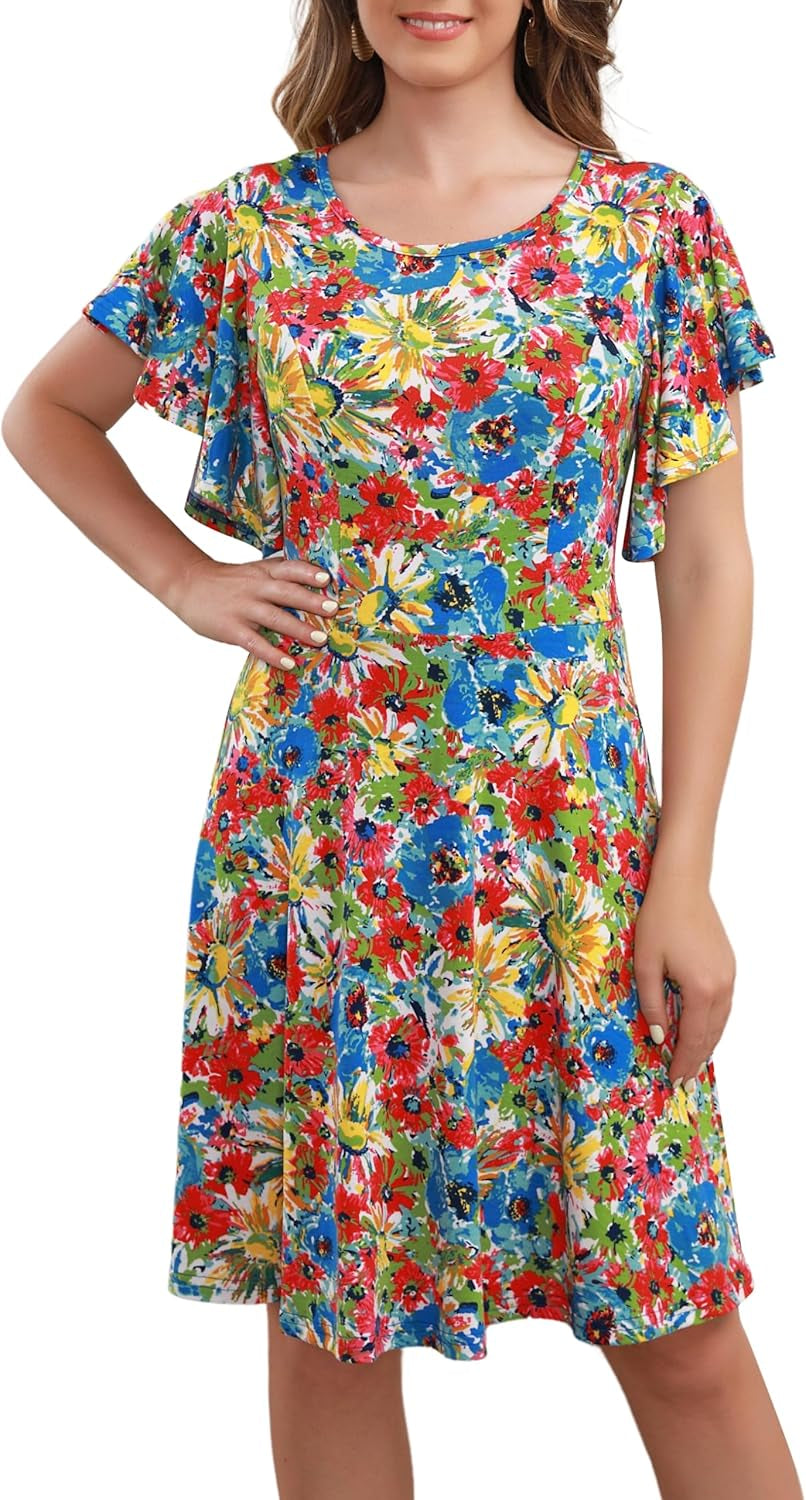 Women'S Flutter Sleeve Cute Fit and Flare Flowy Casual Summer Dress Cocktail Party Wedding Guest