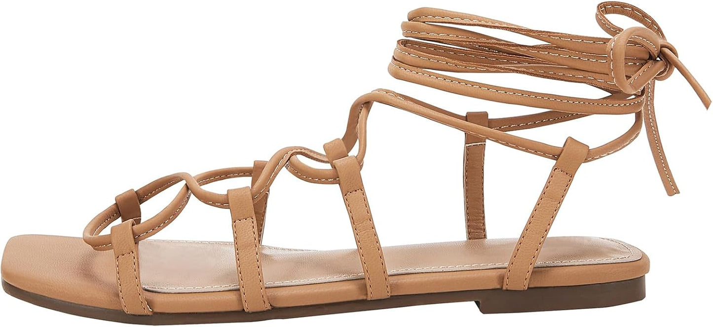 Womens Lace up Square Toes Flat Sandals with Ankle Strap Summer Criss-Cross Gladiator Shoes