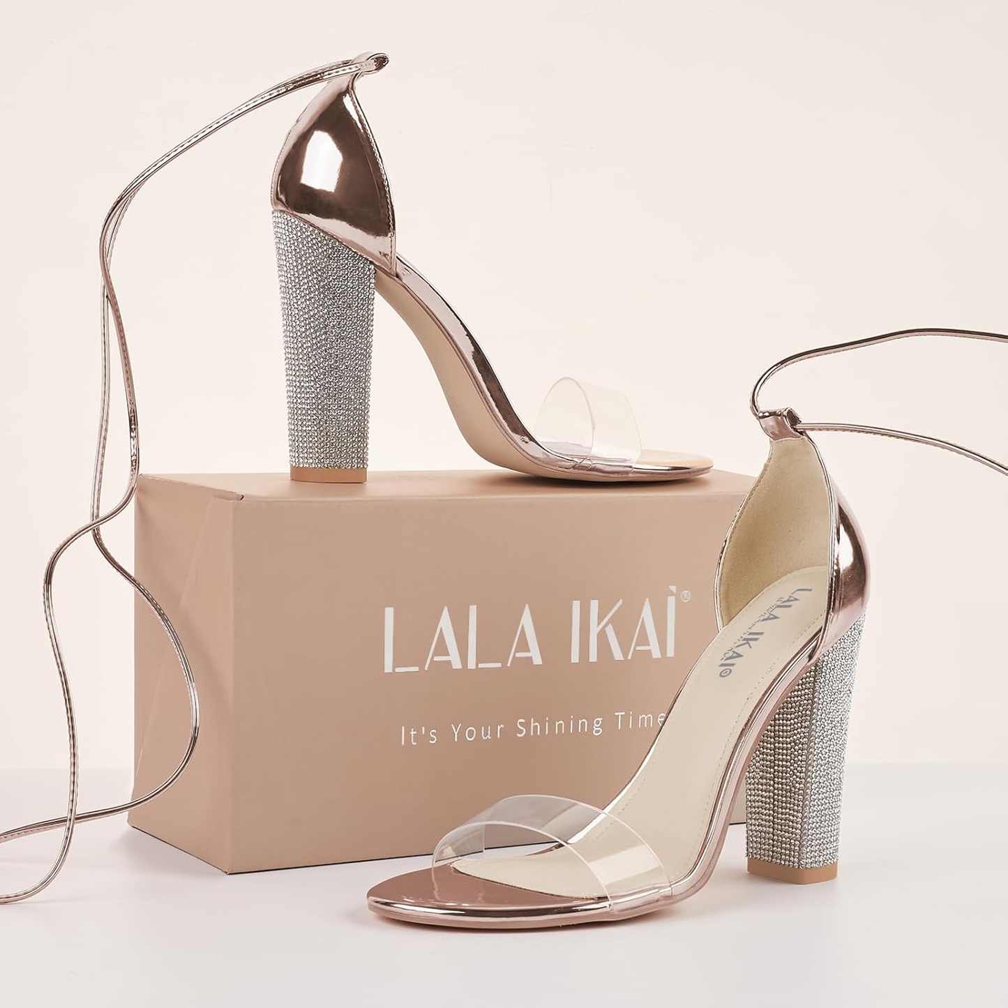 Chunky Heels Sandals for Women Comfy Open Toe Strappy Rhinestone High Heeled Sandals White Silver Gold Black Ankle Clear Heels for Party Wedding