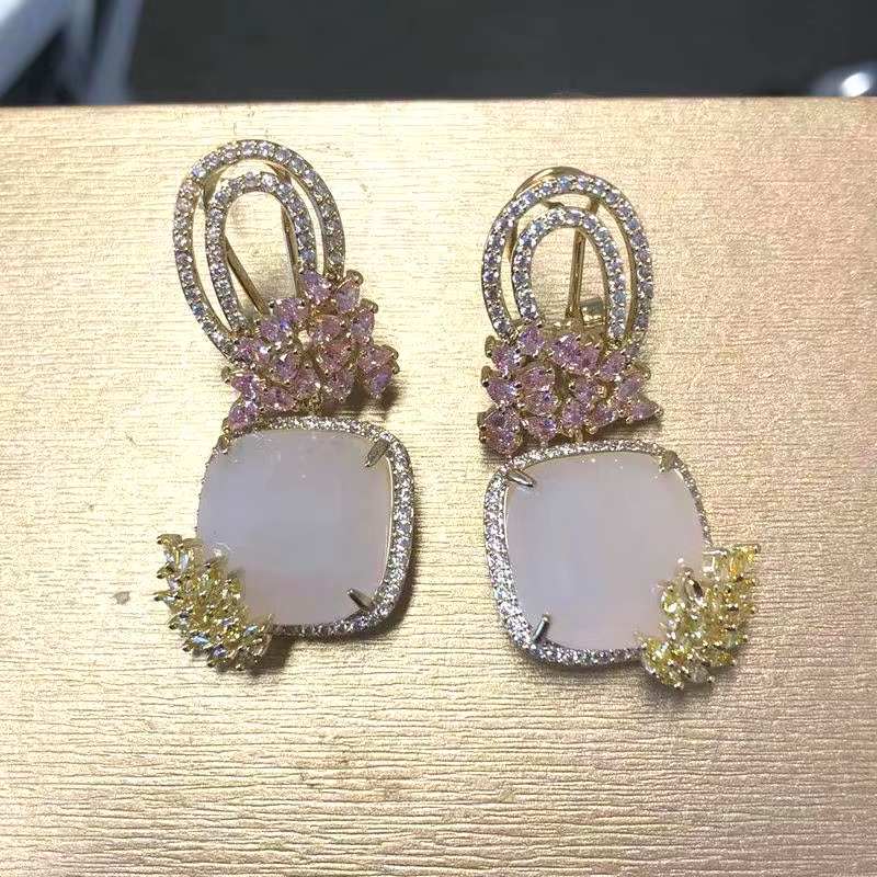 Elegant Flower Shaped Zircon Dangle Earrings for Ladies