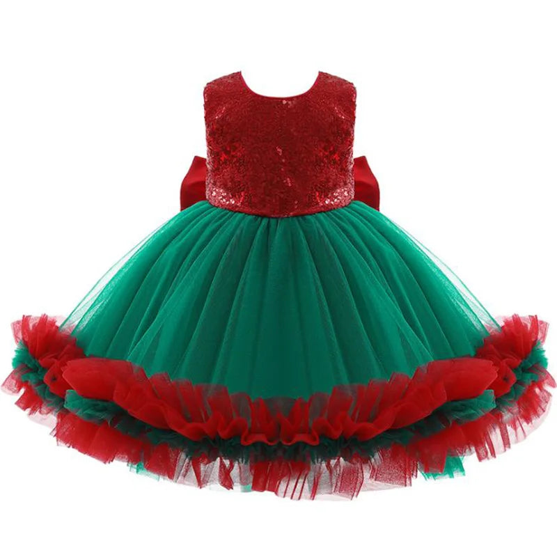 New Years Baby Girls' Christmas Dress Elegant Sequins Big Bow Princess Party Wedding Dresses Lace Tutu Children Kids Clothing