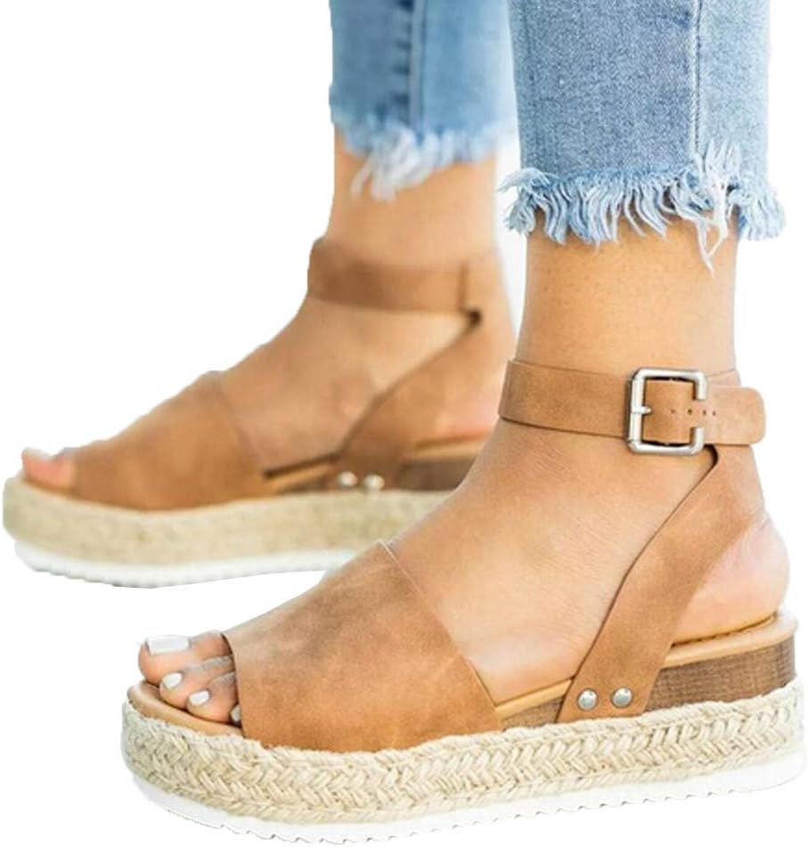 JJLIKER Women Suede Chunky Platform Wedges Sandals Ankle Buckle Strap Espadrille Shoes Summer Fashion Non-Slip Pumps Brown