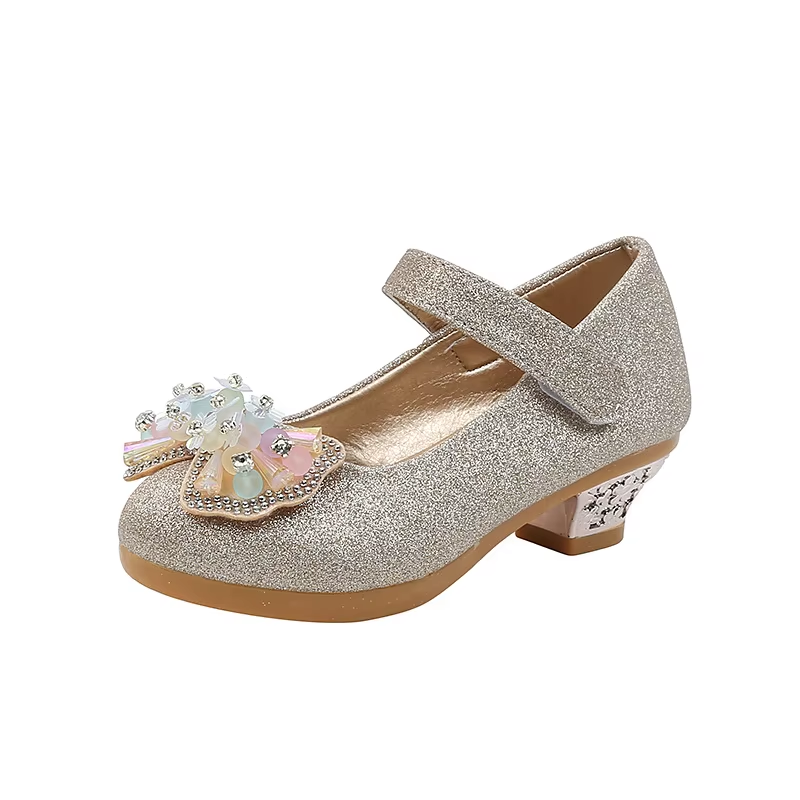 Kids Leather Shoe Sweet Princess Shoes for Girls with Rhinestone Bowtie Fashion Versatile Children'S Shoes with Heels for Party