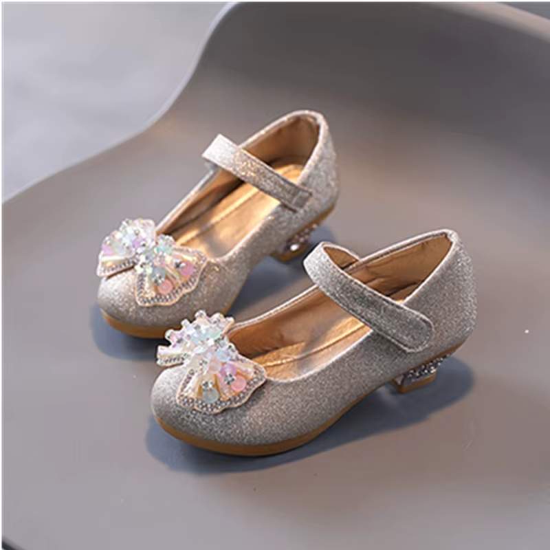Kids Leather Shoe Sweet Princess Shoes for Girls with Rhinestone Bowtie Fashion Versatile Children'S Shoes with Heels for Party