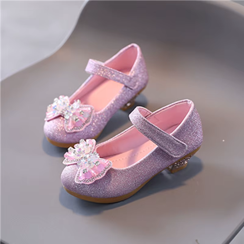 Kids Leather Shoe Sweet Princess Shoes for Girls with Rhinestone Bowtie Fashion Versatile Children'S Shoes with Heels for Party