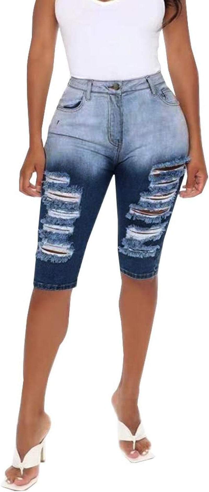 LOGNBIDA Ripped Jean Shorts High Waisted Knee Length Jean Shorts for Women(Blue,S)
