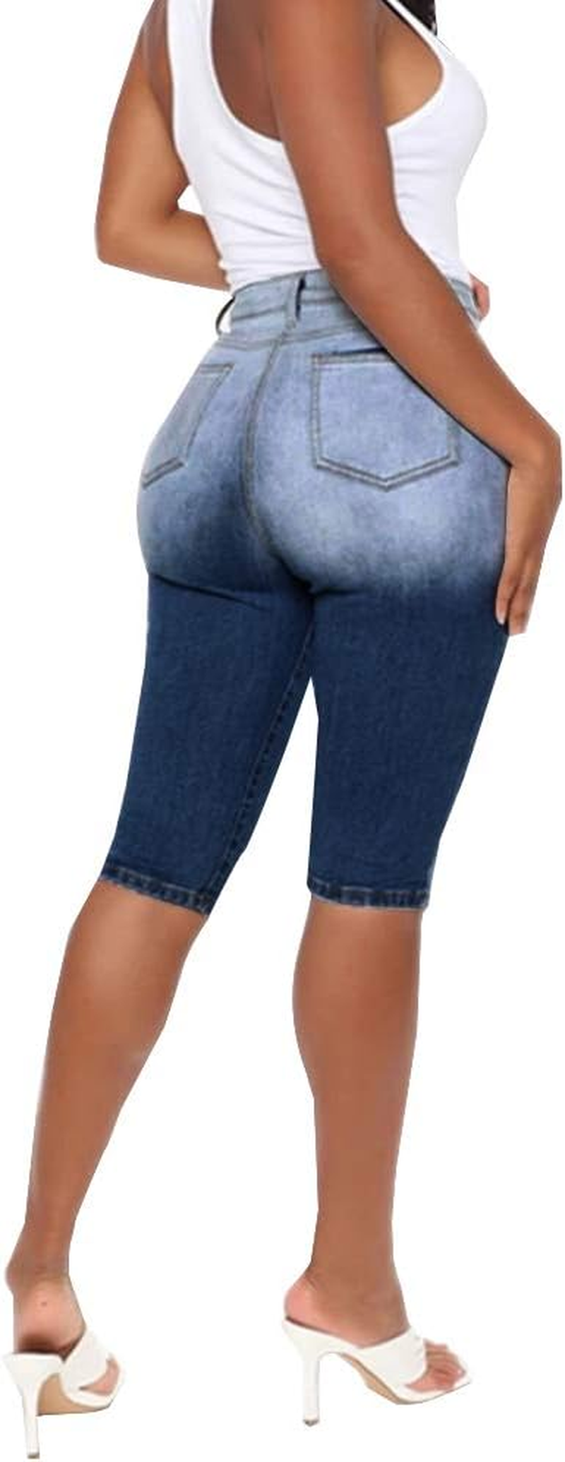 LOGNBIDA Ripped Jean Shorts High Waisted Knee Length Jean Shorts for Women(Blue,S)