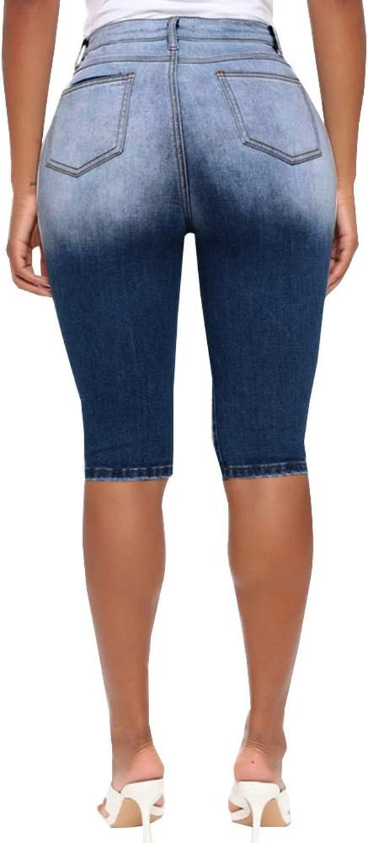 LOGNBIDA Ripped Jean Shorts High Waisted Knee Length Jean Shorts for Women(Blue,S)