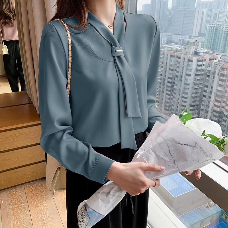 Long Sleeve White Blouse Bow V-Neck Chiffon Blouse Shirt Women Tops Blouse Women Blusas Mujer De Moda 2024Women Blouses E367