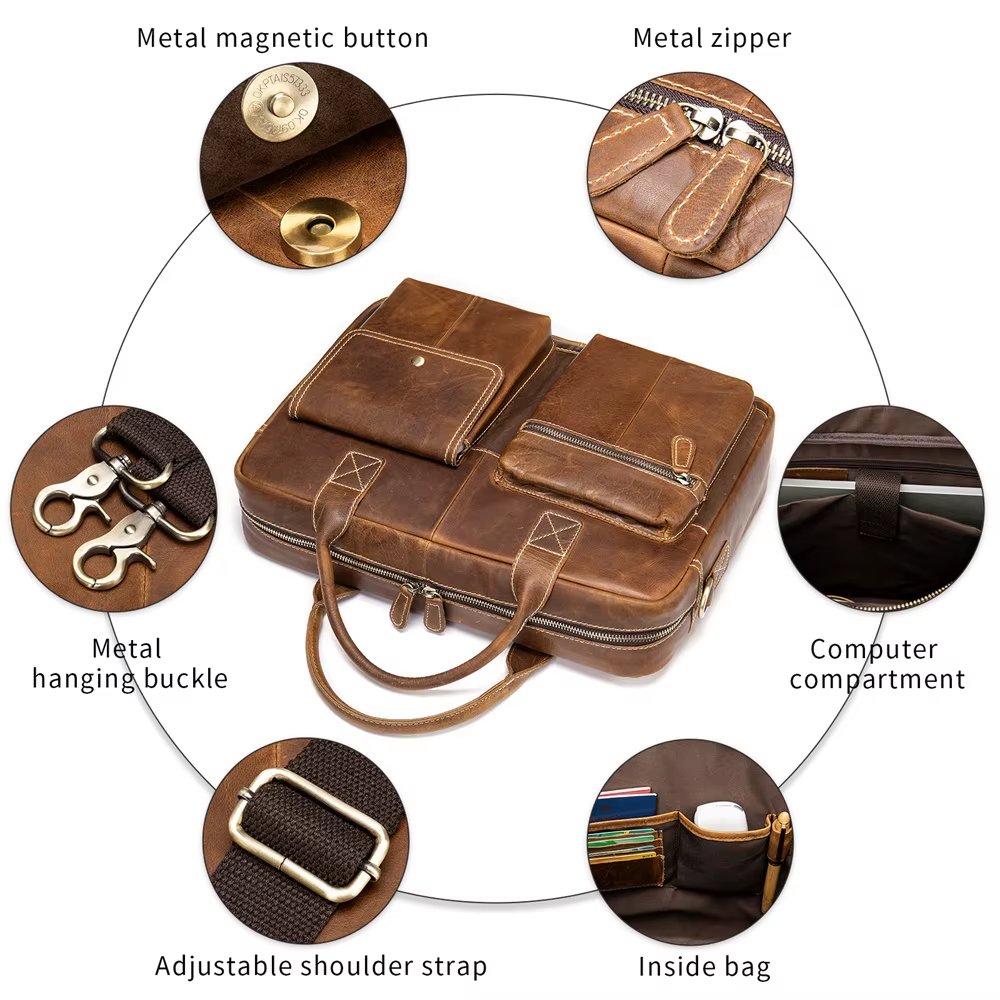 Shoulder Bag Men Handbags Totes for Laptop 14 Zip Messenger Bag Man Leather Briefcases Bags Men Genuine Leather Bags 7212