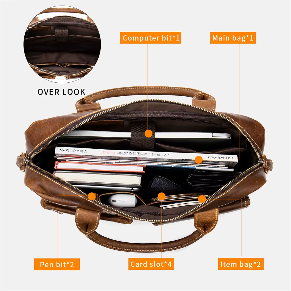 Shoulder Bag Men Handbags Totes for Laptop 14 Zip Messenger Bag Man Leather Briefcases Bags Men Genuine Leather Bags 7212
