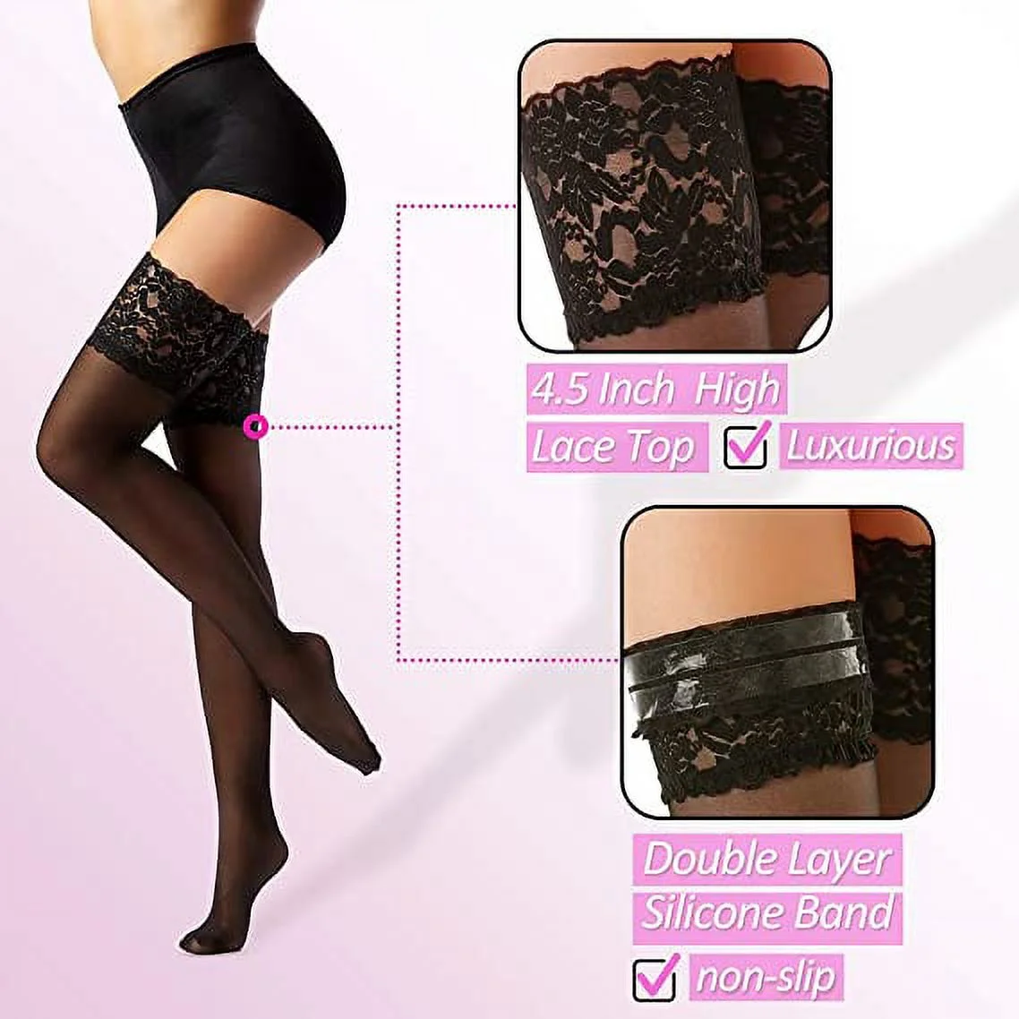 Thigh High Stockings with Silicone - 15D Sheer Lace Top Nylon Stay up Pantyhose for Women