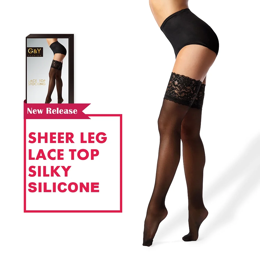 Thigh High Stockings with Silicone - 15D Sheer Lace Top Nylon Stay up Pantyhose for Women