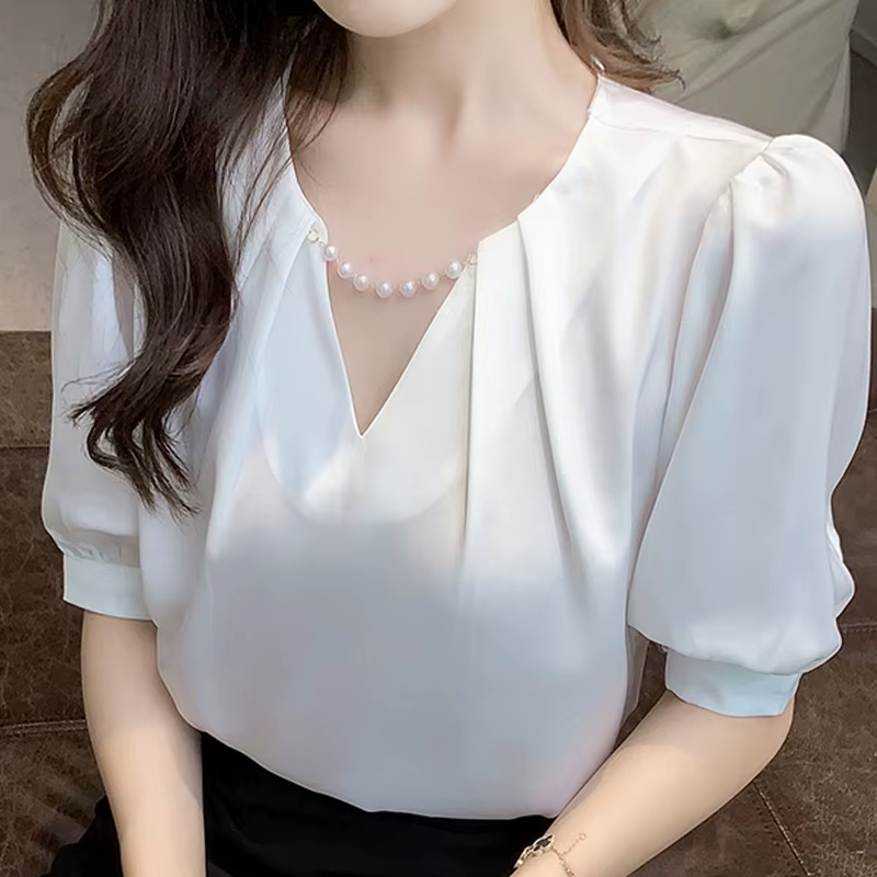 Top Femme Short Sleeve White Blouse Tops Blouse Women Blusas Mujer De Moda 2024 Verano Beading V-Neck Chiffon Blouse Shirt E800
