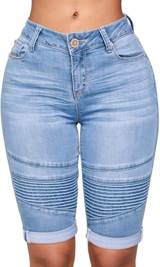 Women Mid Rise Elastic Zip Skinny Denim Knee Length Curvy Stretch Shorts Jeans