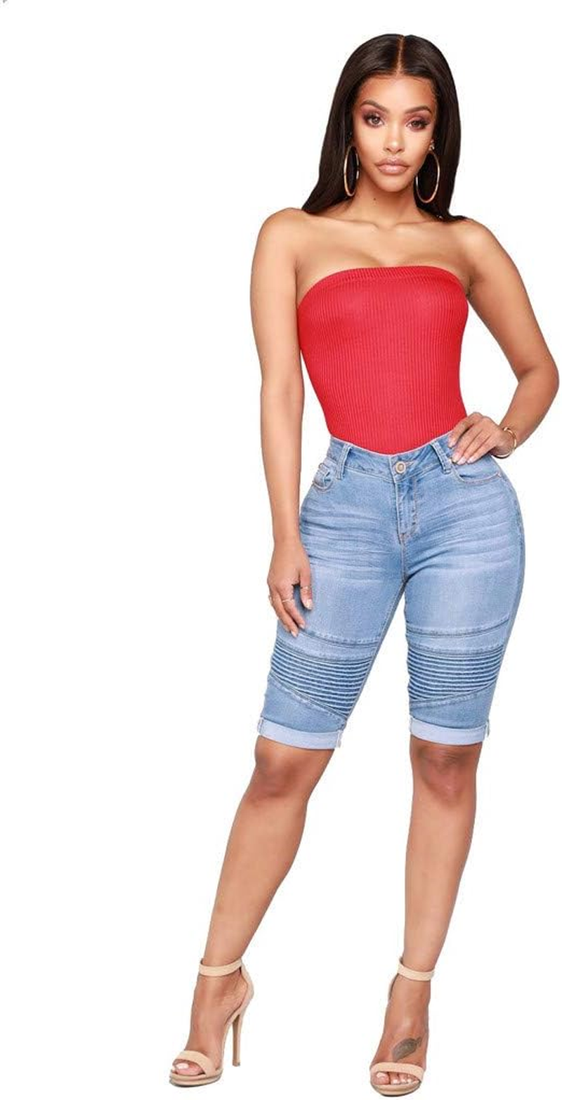 Women Mid Rise Elastic Zip Skinny Denim Knee Length Curvy Stretch Shorts Jeans