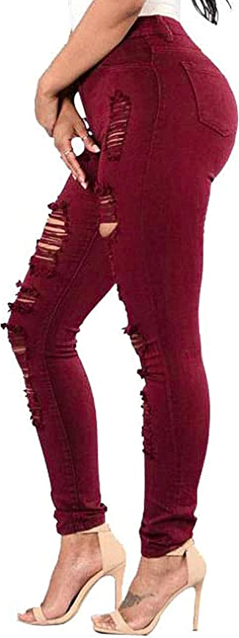Women'S Skinny Stretch Jeans Frayed Raw Hem Slim Fit Jeans Ripped Denim Pants
