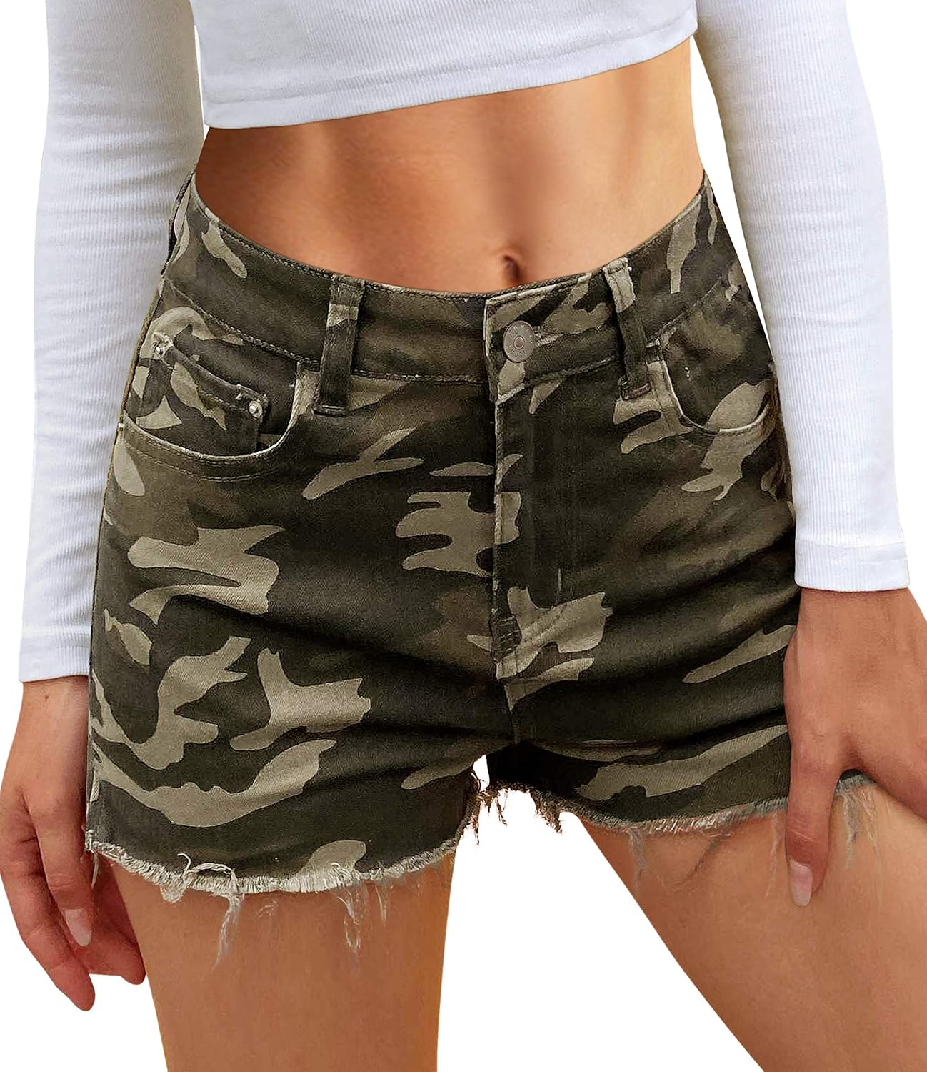 Womens Jean Shorts High Waisted Denim Short Ripped Frayed Casual Stretchy for Summer Camo Shorts Women