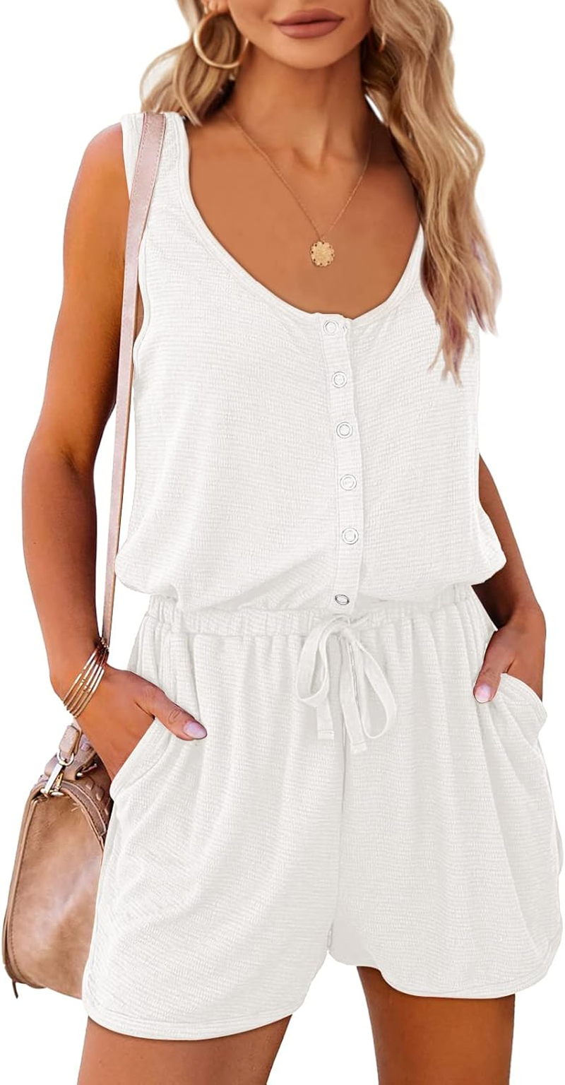 Womens Summer Scoop Neck Button down Sleeveless Jumpsuit Rompers Adjustable Waist Short with Pockets