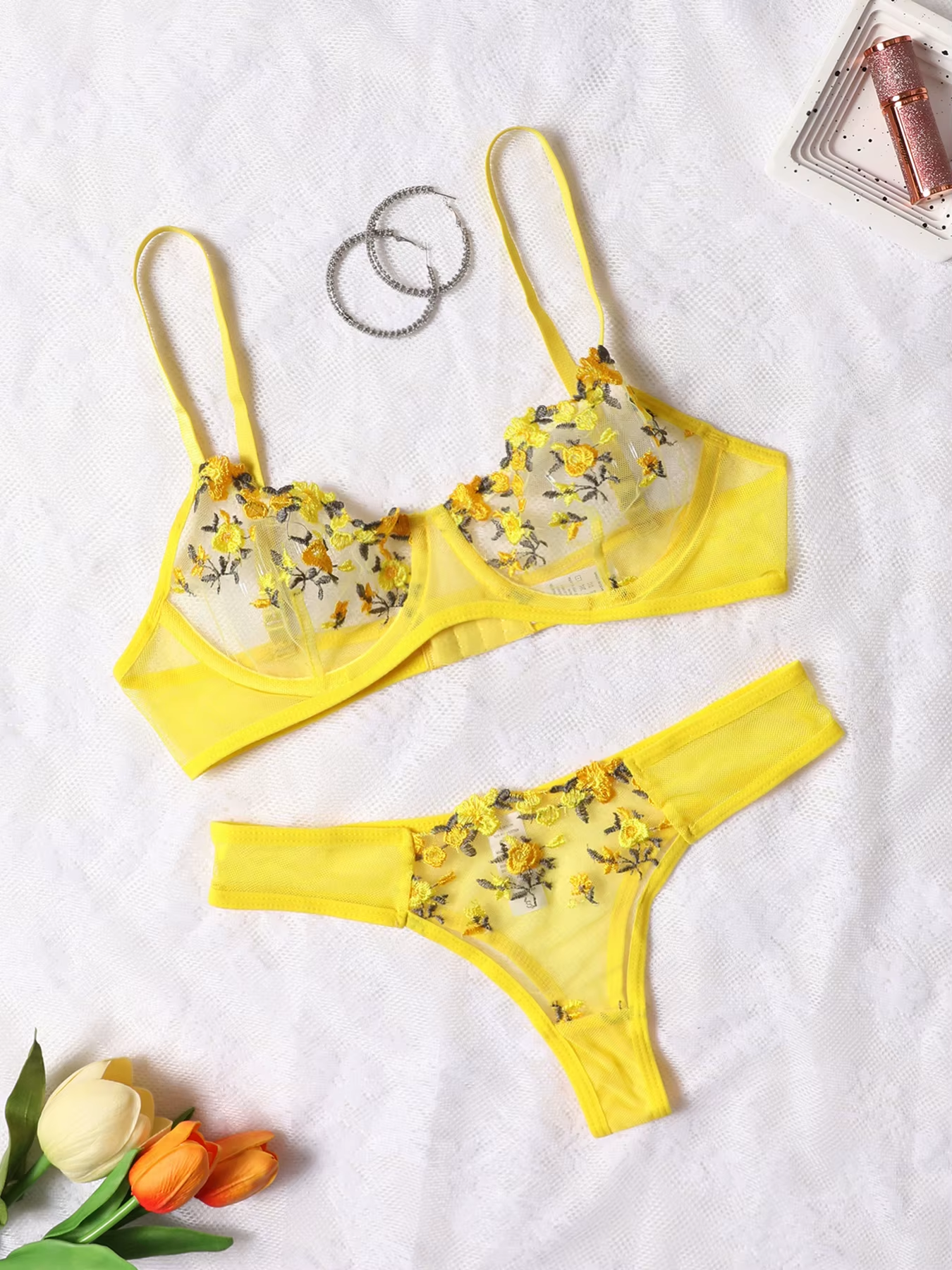 Yellow for Women Transparent Embroidered Underwear Transparent Hot Lingerie Panties Intimates Woman Two Piece Set Clothing