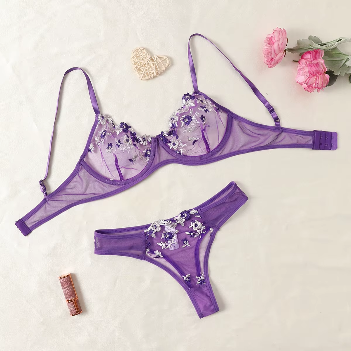 Yellow for Women Transparent Embroidered Underwear Transparent Hot Lingerie Panties Intimates Woman Two Piece Set Clothing