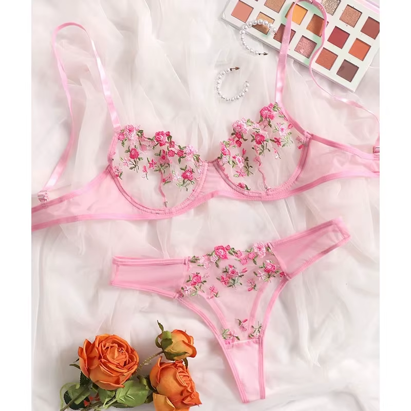 Yellow for Women Transparent Embroidered Underwear Transparent Hot Lingerie Panties Intimates Woman Two Piece Set Clothing