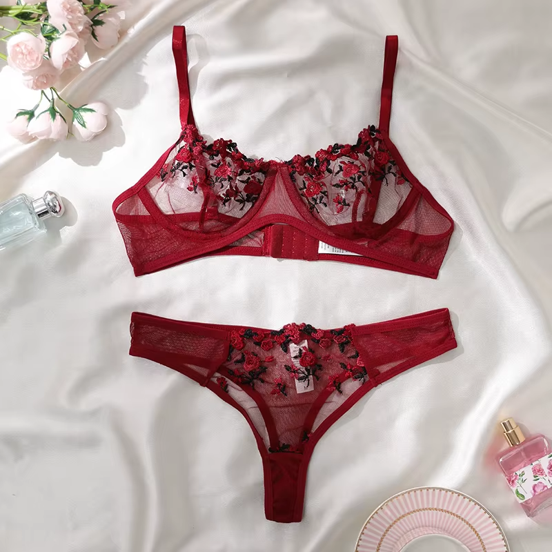 Yellow for Women Transparent Embroidered Underwear Transparent Hot Lingerie Panties Intimates Woman Two Piece Set Clothing