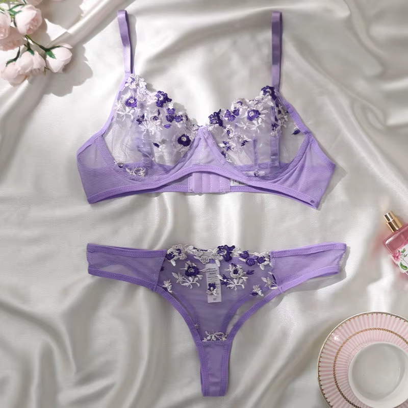 Yellow for Women Transparent Embroidered Underwear Transparent Hot Lingerie Panties Intimates Woman Two Piece Set Clothing