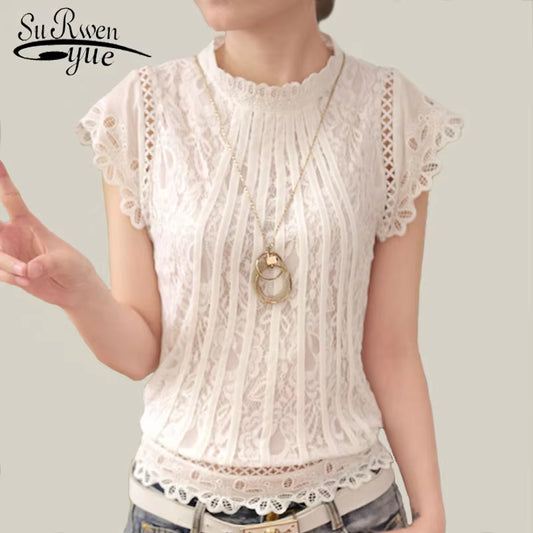Ladies White Lace Blouse Short Sleeve Stand Collar Women Tops Elegant Patchwork Crochet Women Shirt plus Size Blusas Mujer 01C