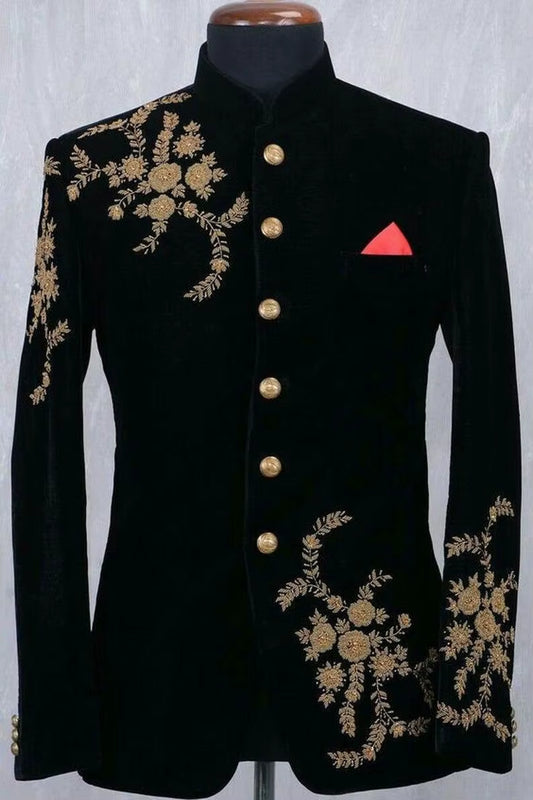 Black Men Suit Luxury Gold Applique Beads Single-Breasted Men Suit Tailored Suit Fit Slim Formal Men Coat Custom Made