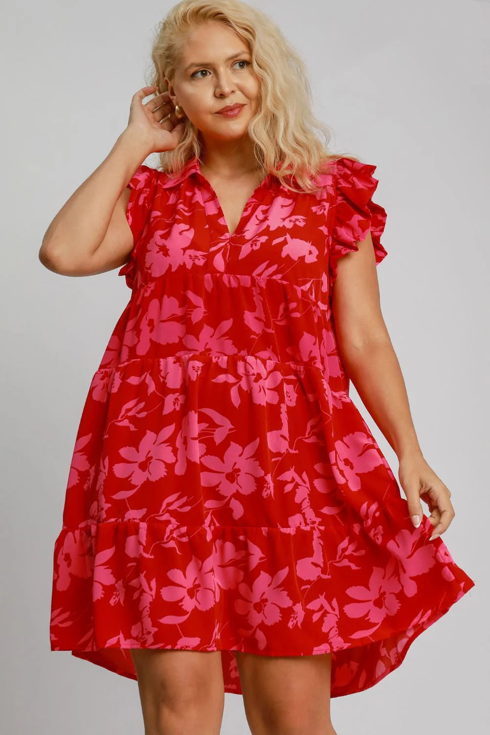 Umgee Full Size Floral Print Ruffle Cap Sleeve Tiered Dress plus Size