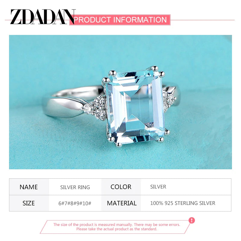 925 Sterling Silver Fashion Aquamarine Gemstone Ring for Women Wedding Party Jewelry Gifts Wholesale