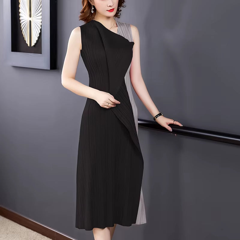 High Quality Miyak Pleated Dress Loose Elegant and Noble Chic Design Dress Comfortable Stitching Contrast Dresses Clothing