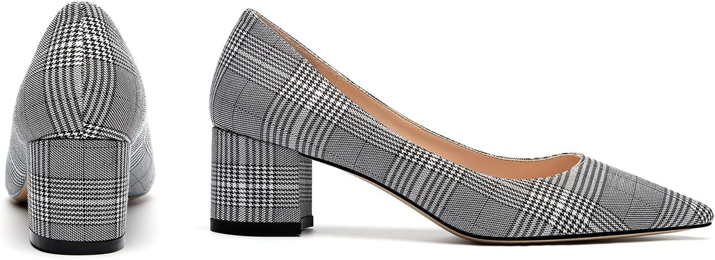 Women'S Chunky Heels Slip-On Pumps Comfortable Leather Mid Heel Pointed Toe Block Office Classic Shoes 5 CM Heel