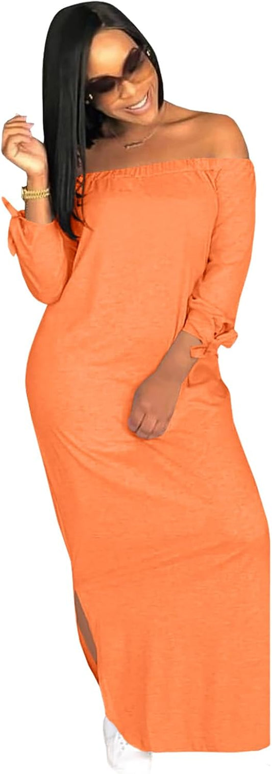 Women'S Casual Letter Print off Shoulder Long Sleeve Bowknot Sides Slit Loose Long T-Shirt Maxi Dress