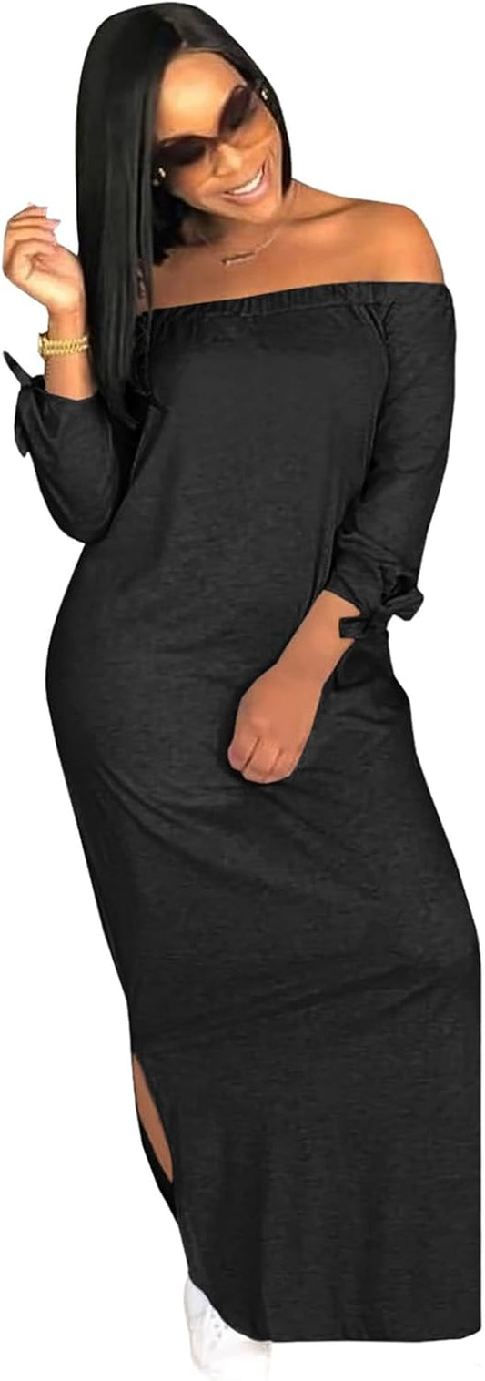 Women'S Casual Letter Print off Shoulder Long Sleeve Bowknot Sides Slit Loose Long T-Shirt Maxi Dress