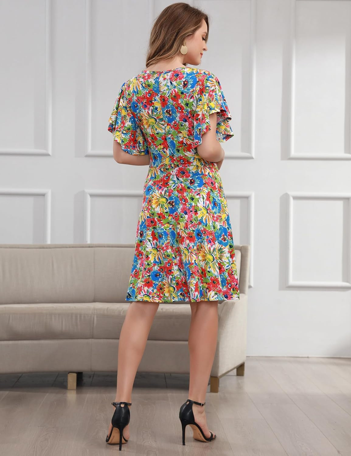 Women'S Flutter Sleeve Cute Fit and Flare Flowy Casual Summer Dress Cocktail Party Wedding Guest