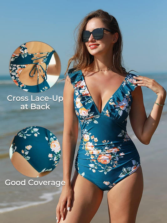Women'S V-Neck One Piece Swimsuit Tummy Control Swimwear Cross Back Bathing Suit Deep Blue Flower X-Large