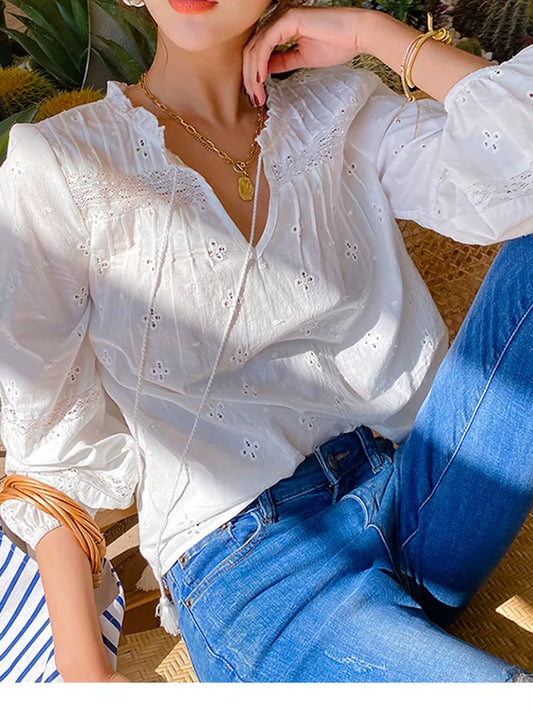 Gypsylady White Casual Chic Blouse Shirt Lace Patchwork Elegant Spring Women Blouse Ruffles Long Sleeve Hollow Out Ladies Top