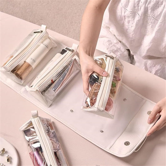 Leather Waterproof Cosmetic Bag, Leather Cosmetic Bag, Leather Waterproof Cosmetic Bag Detachable 4 in 1, Leather Waterproof Rollup Cosmetic Bag with 4 Detachable Clear Compartment-Brown