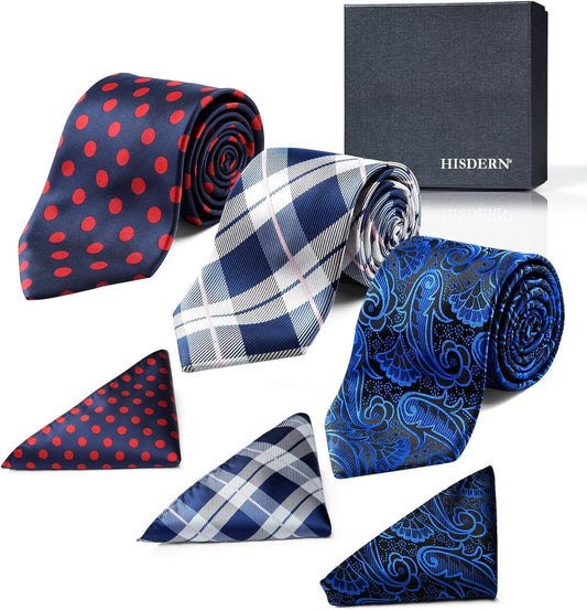 Mens Ties and Pocket Square Set Business Elegant Ties for Men Classic Lot 3 Pcs Wedding Party Neckties & Handkerchief