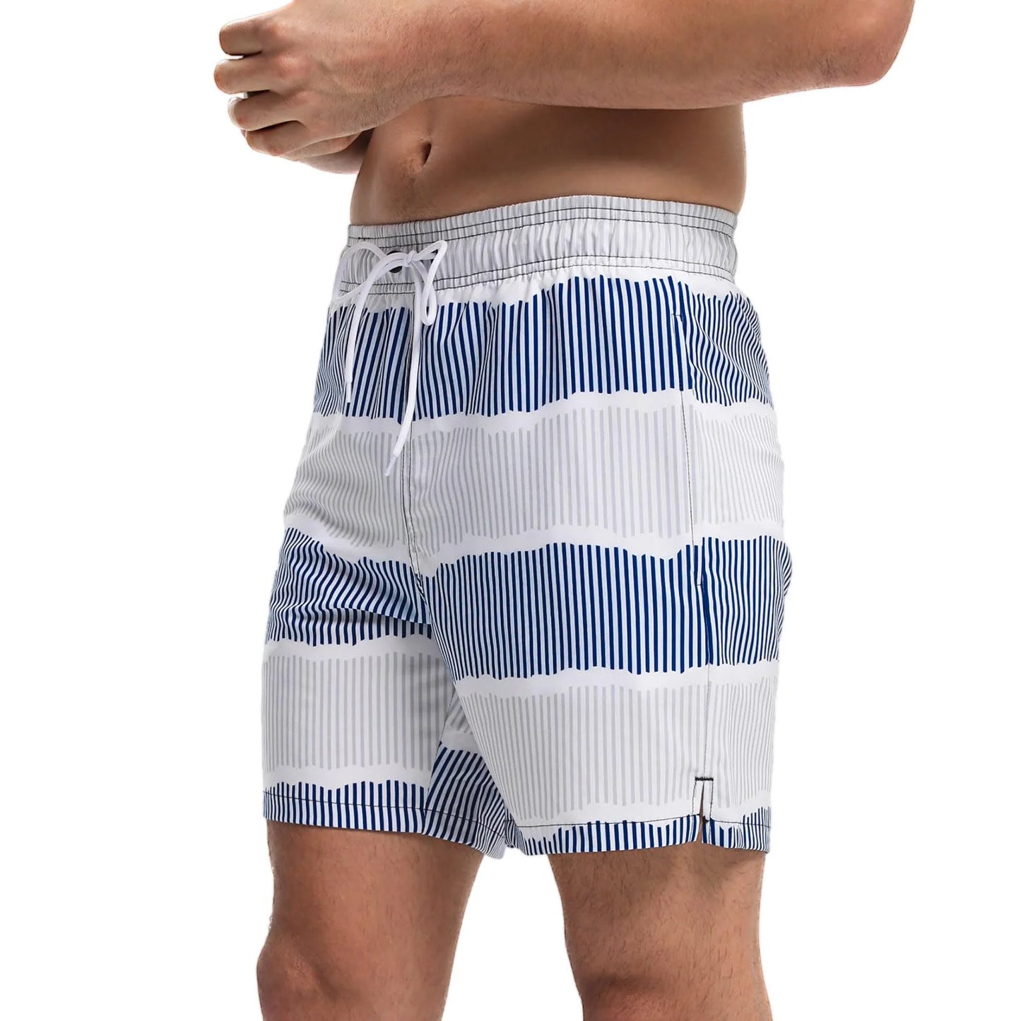Mens Swim Trunks Stretch Water Beach Shorts with Compression Liner 2 in 1 Quick-Dry Swimming Shorts with Zipper Pockets, Blue White Stripes, M