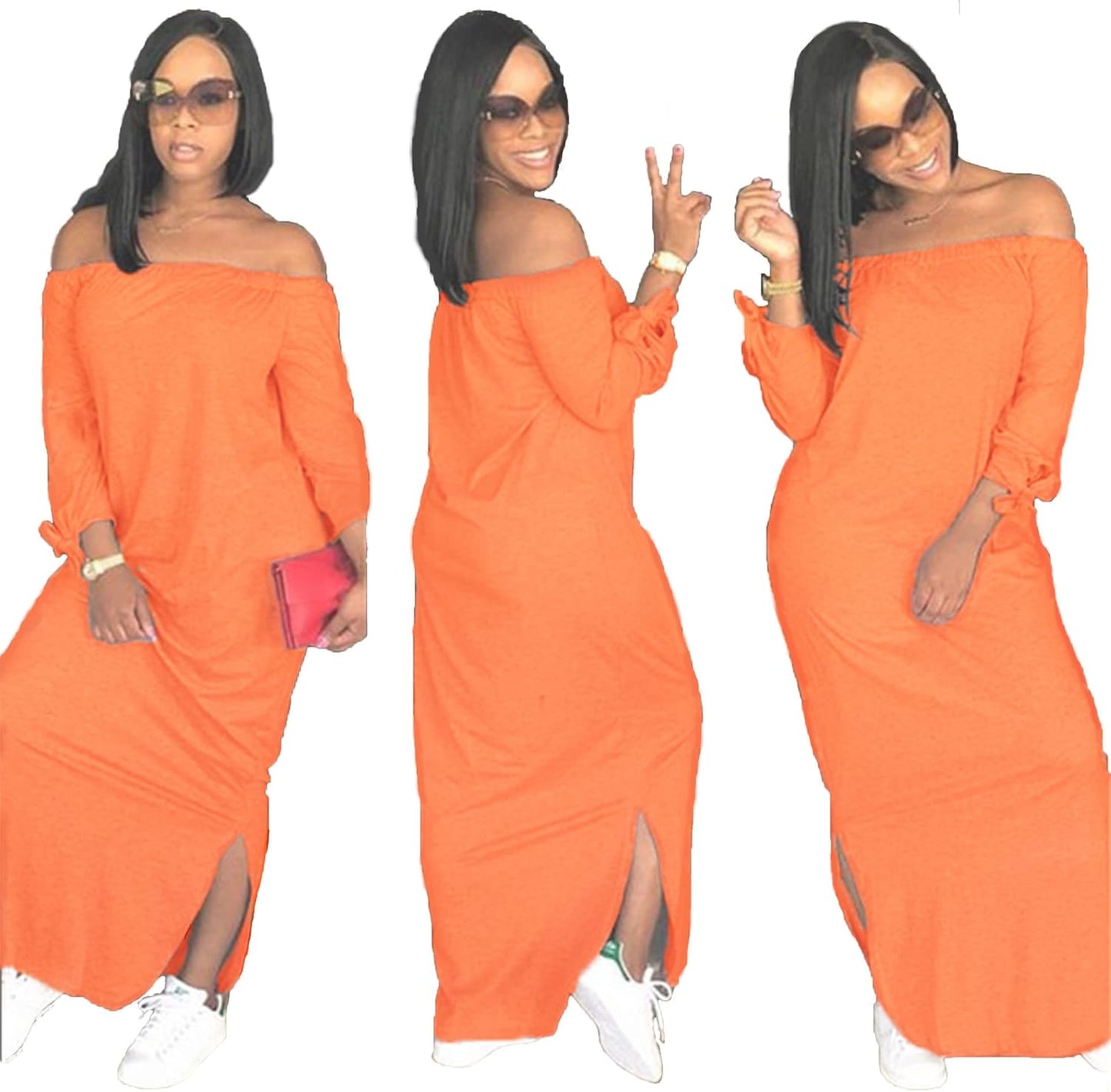 Women'S Casual Letter Print off Shoulder Long Sleeve Bowknot Sides Slit Loose Long T-Shirt Maxi Dress